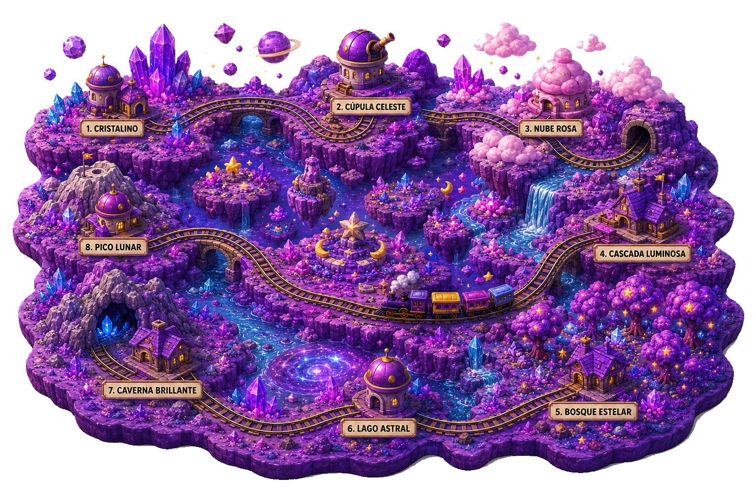 Mapa del mundo Fantosía con estaciones de tren